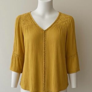 JohnPaulRichard Mustard V-Neck Lace Yoke Blouse